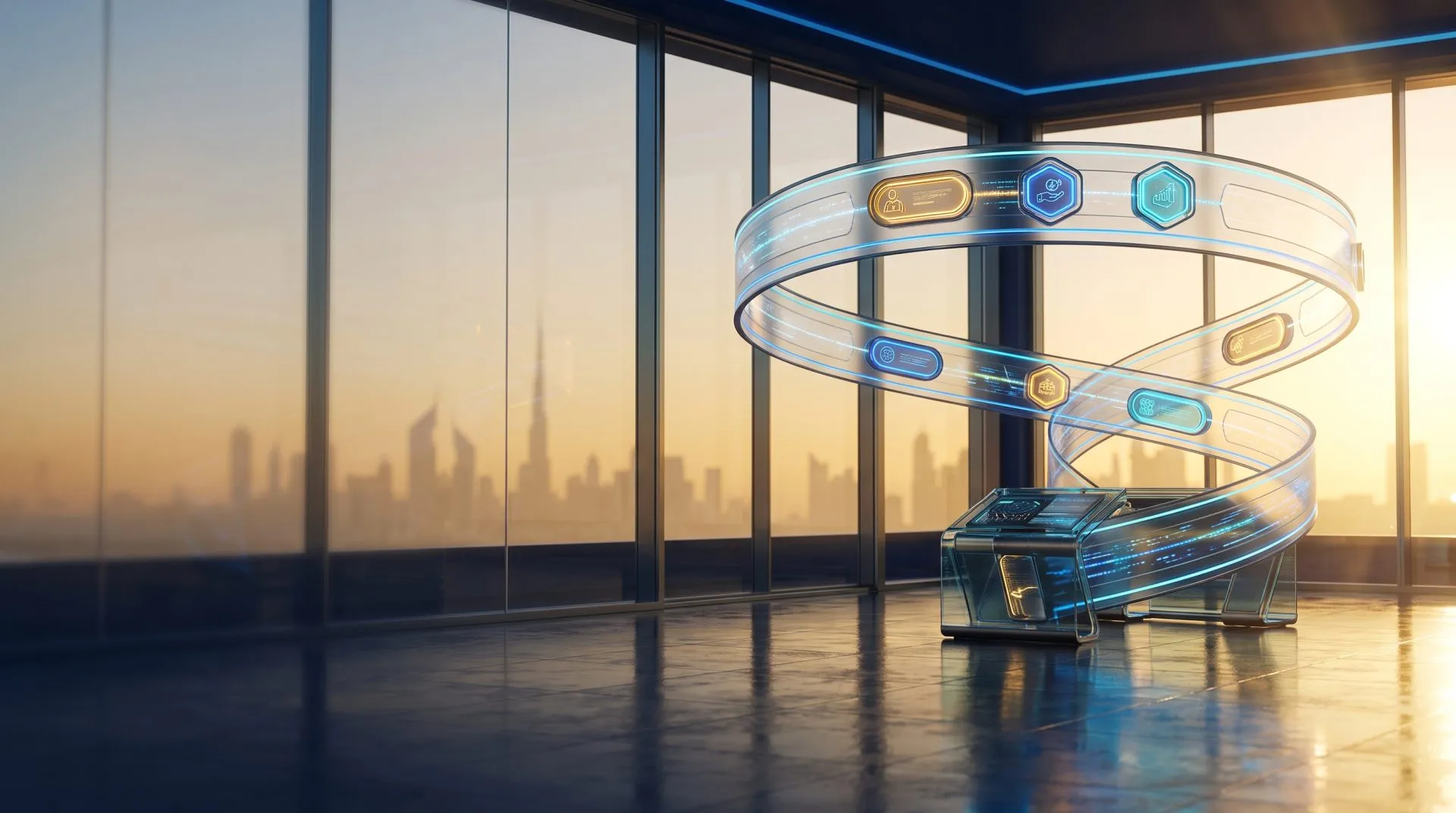 Executive suite overlooking Dubai skyline with spiral AI banking workflow telemetry ribbon