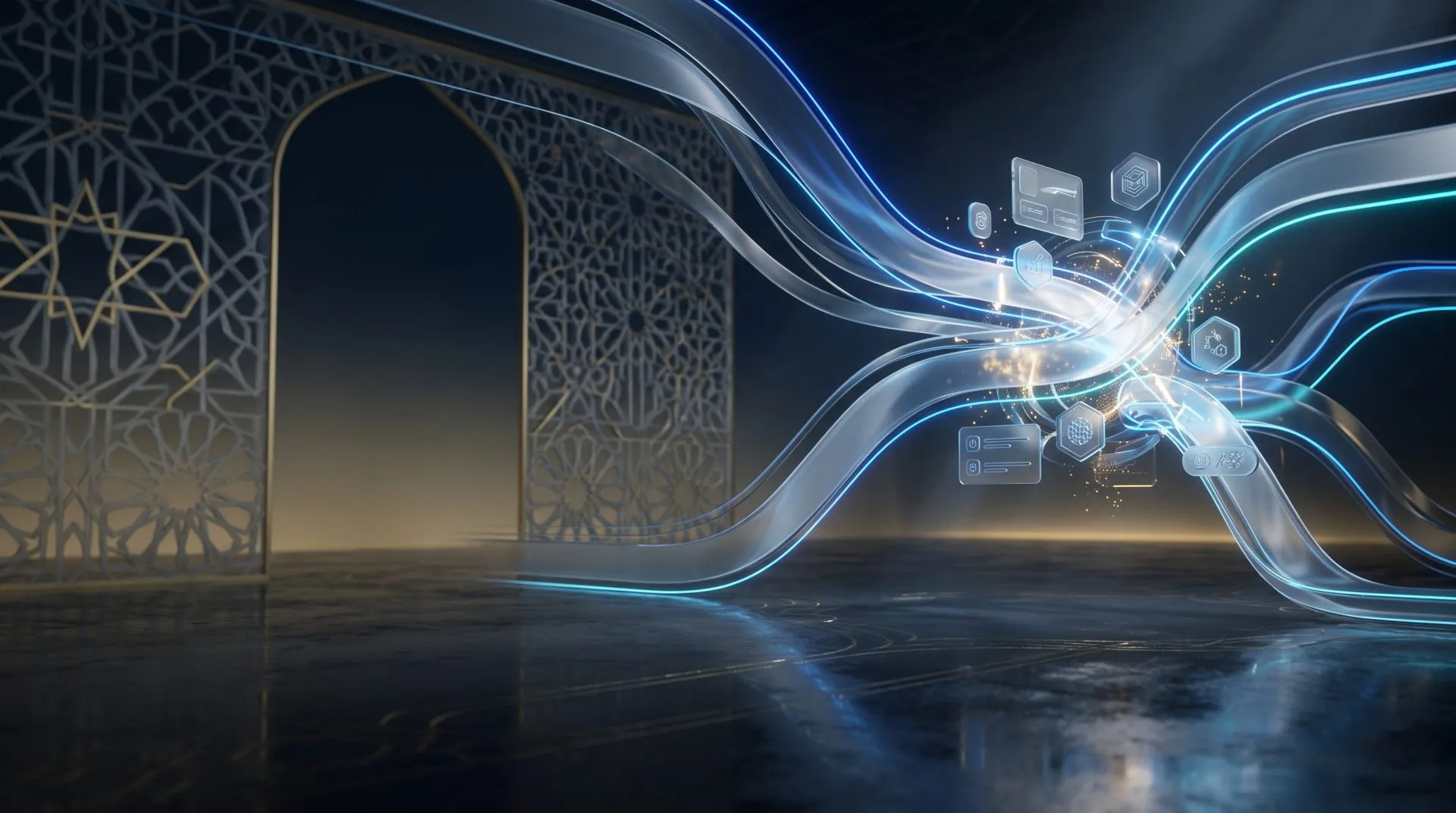 MENA Islamic architectural heritage archway bridging with global digital financial data streams