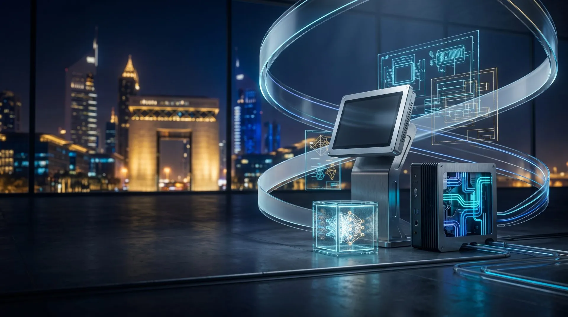 Vincanwo Group industrial touchscreen panel PC and edge AI node overlooking DIFC Gate Dubai