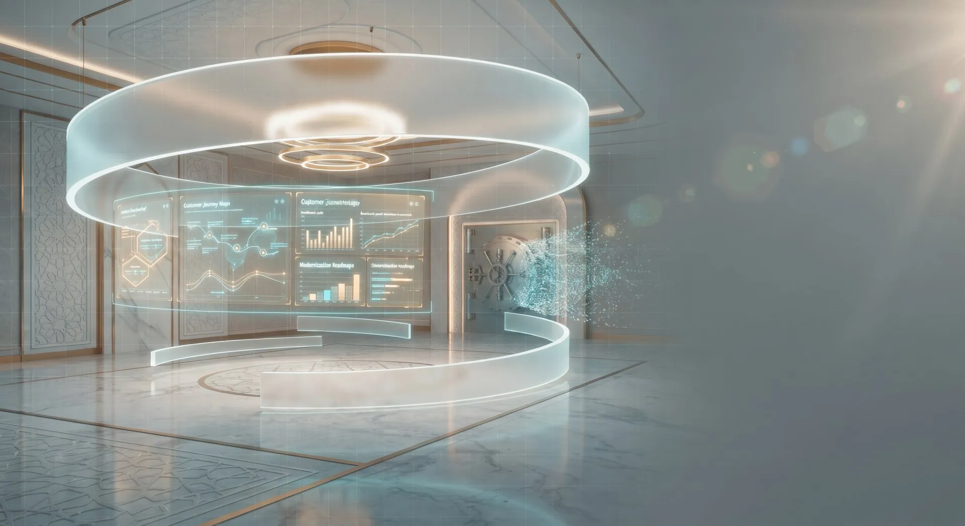 Modern digital banking vault intelligence center with holographic core ledger data